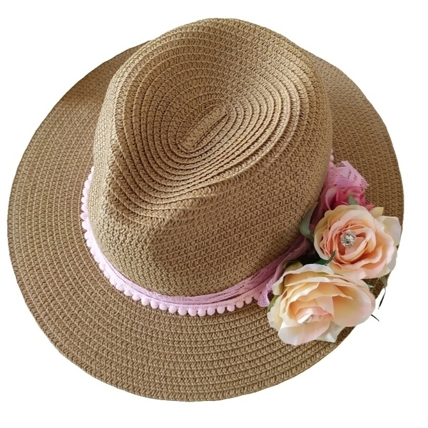 Καπέλο ψάθινο με λουλούδια! - καπέλο, ψάθινα