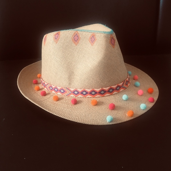 Bohemian- ψάθινο καπέλο με πον-πον - ζωγραφισμένα στο χέρι, ψάθα, boho, καπέλα, ψάθινα - 2
