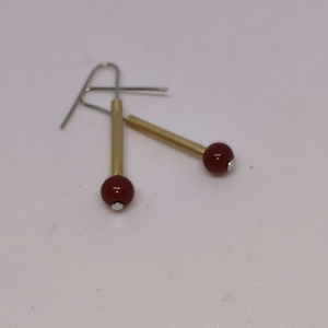 Σκουλαρίκια από ορείχαλκο και κόκκινη χάντρα / earrings - ορείχαλκος, μακριά, κρεμαστά, μεγάλα, φθηνά - 4