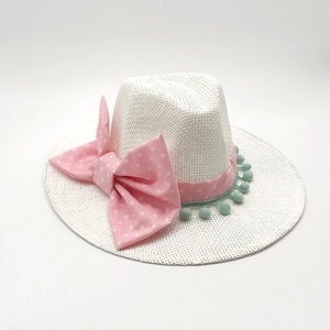 Καπέλο παναμα «Bow Pink» - φιόγκος, στυλ, αξεσουάρ παραλίας, ψάθινα - 2