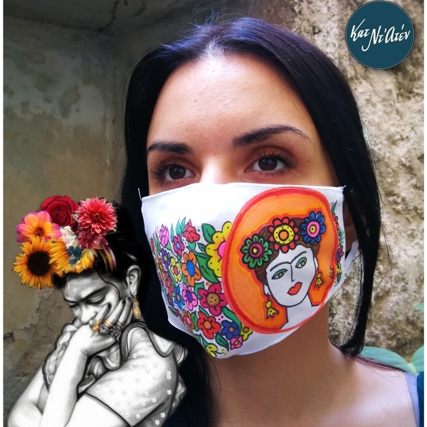 Ζωγραφισμένη μοναδική μάσκα ΦΡΙΝΤΟΥΛΑ με λουλούδια ΧΕΙΡΟΠΟΙΗΤΗ - ύφασμα, ζωγραφισμένα στο χέρι, frida kahlo, μάσκες προσώπου - 2