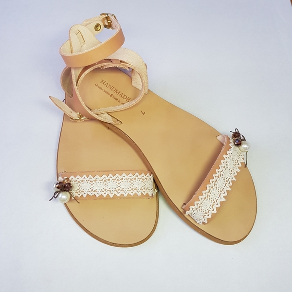 Σανδαλια Μαμά- κόρη - δέρμα, boho, πέρλες, φλατ, ankle strap - 4