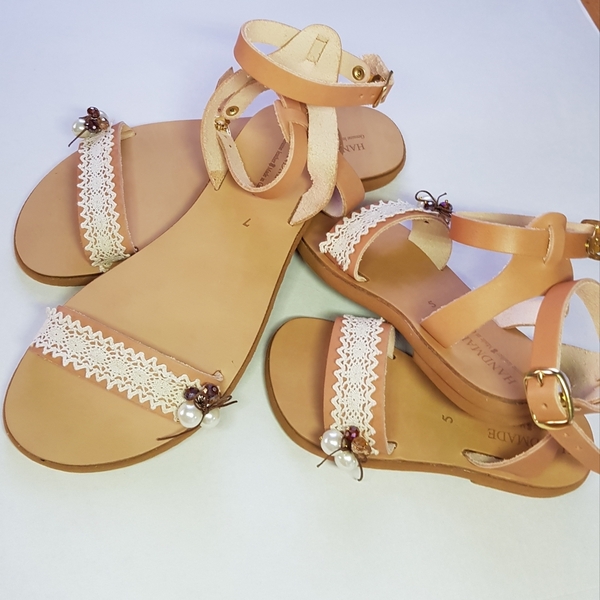 Σανδαλια Μαμά- κόρη - δέρμα, boho, πέρλες, φλατ, ankle strap - 5