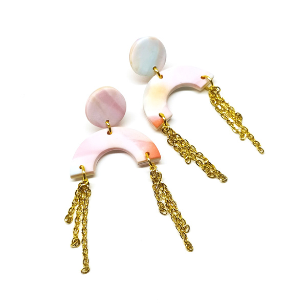 Χειροποίητα σκουλαρίκια ροζ 'μάρμαρο' με αλυσίδες|Pink Lemon - πηλός, μακριά, boho, κρεμαστά, faux bijoux