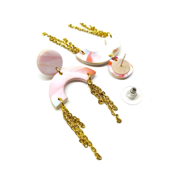 Χειροποίητα σκουλαρίκια ροζ 'μάρμαρο' με αλυσίδες|Pink Lemon - πηλός, μακριά, boho, κρεμαστά, faux bijoux - 2