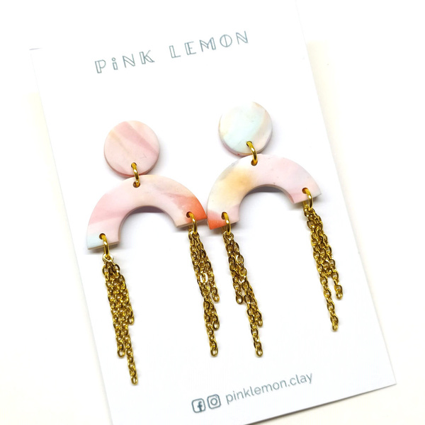 Χειροποίητα σκουλαρίκια ροζ 'μάρμαρο' με αλυσίδες|Pink Lemon - πηλός, μακριά, boho, κρεμαστά, faux bijoux - 4