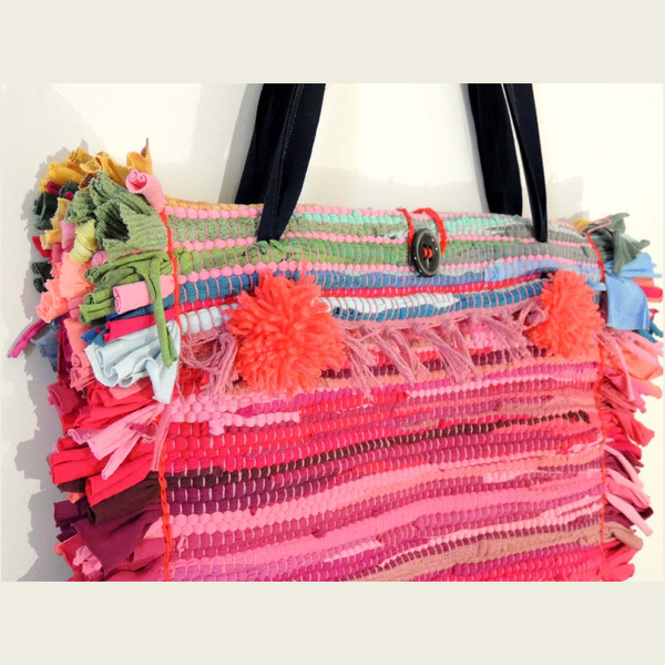 Μεγάλη τσάντα κουρελού σε ροζ-φουξ αποχρώσεις. - ώμου, πλεκτές τσάντες, φθηνές - 2