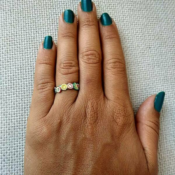δαχτυλίδι φρουτάκια tutti frutti αλουμινίο πράσινο - πηλός, μικρά, boho, σταθερά, φθηνά - 4