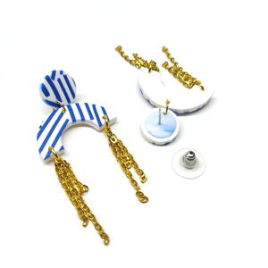 Χειροποίητα σκουλαρίκια μπλε ριγέ με αλυσίδες|Pink Lemon - πηλός, μακριά, boho, κρεμαστά, faux bijoux - 2