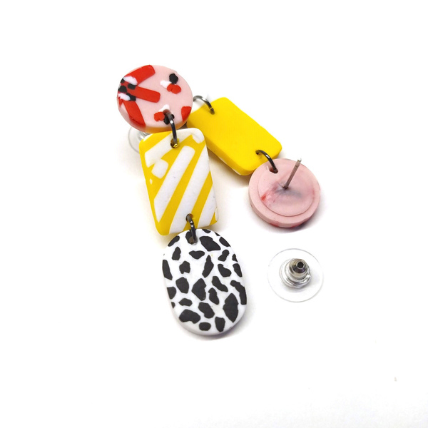 Χειροποίητα σκουλαρίκια mix print|Pink Lemon - πηλός, καρφωτά, boho, faux bijoux - 2