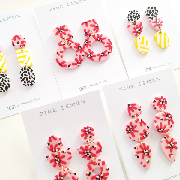 Χειροποίητα σκουλαρίκια mix print|Pink Lemon - πηλός, καρφωτά, boho, faux bijoux - 5