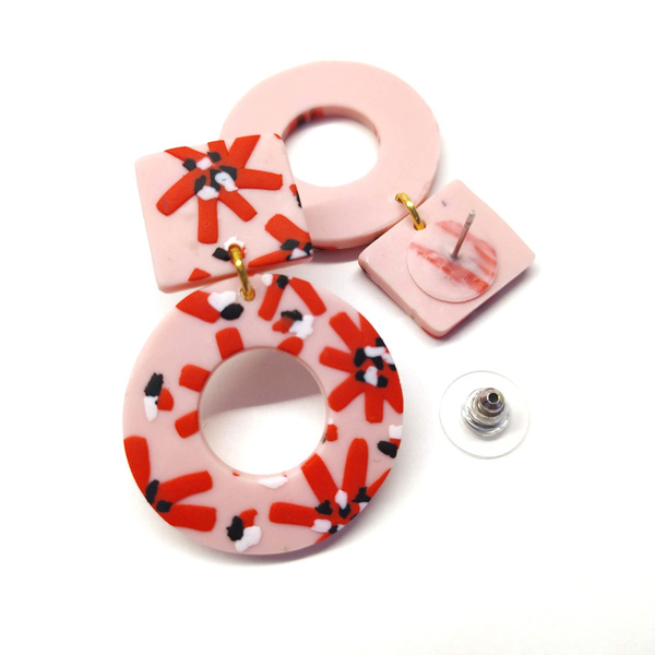 Χειροποίητα σκουλαρίκια κρίκοι ροζ floral|Pink Lemon - πηλός, boho, κρεμαστά, faux bijoux - 2