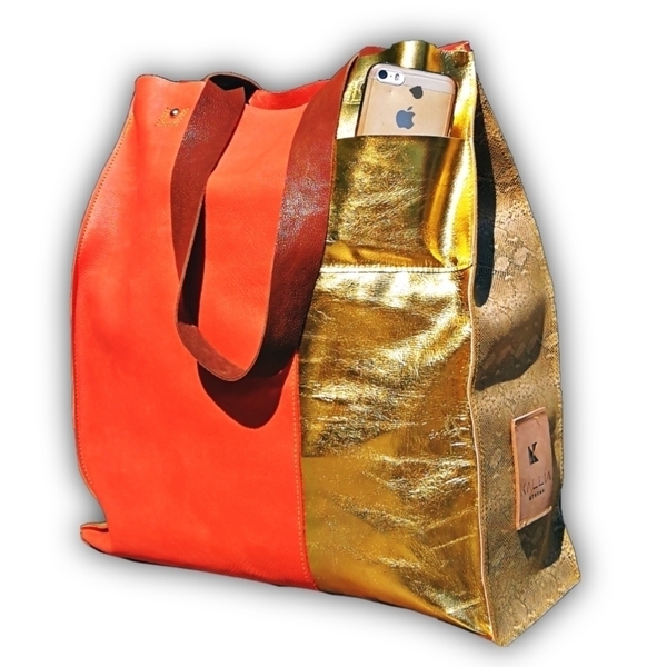 Δερμάτινη χειροποίητη Oversized Tote Bag AthenΣ01/KK χρυσή boho - δέρμα, ώμου, μεγάλες, all day, tote