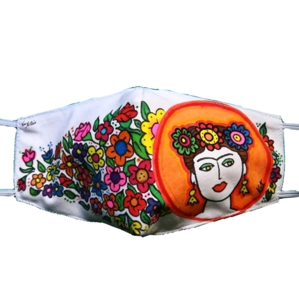 Ζωγραφισμένη μοναδική μάσκα ΦΡΙΝΤΟΥΛΑ με λουλούδια ΧΕΙΡΟΠΟΙΗΤΗ - ύφασμα, ζωγραφισμένα στο χέρι, frida kahlo, μάσκες προσώπου