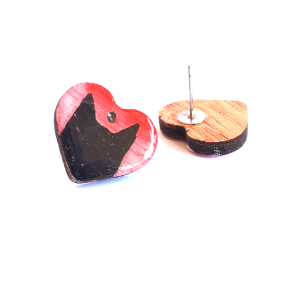 Σκουλαρίκια ξύλινα, κόκκινη καρδιά - ξύλο, γυαλί, ζωγραφισμένα στο χέρι, καρφωτά, φθηνά - 2