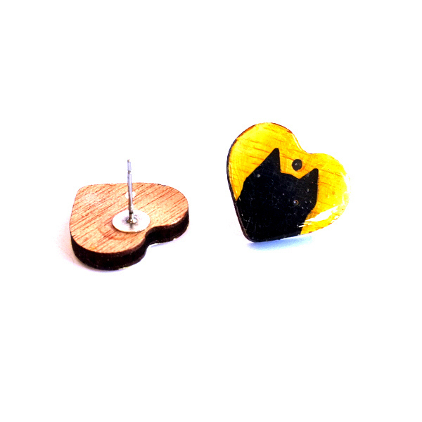 Σκουλαρίκια ξύλινα, κίτρινη καρδιά - ξύλο, ζωγραφισμένα στο χέρι, καρφωτά, μικρά, φθηνά - 2