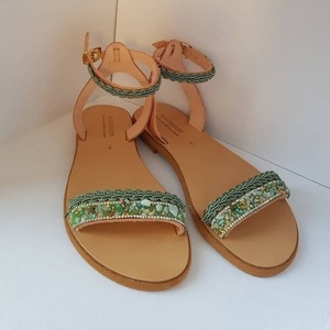 Δερμάτινα Σανδάλια με πέτρες πράσινες - boho, φλατ, ankle strap - 2