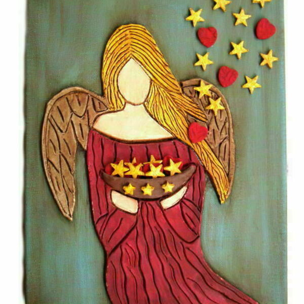Πίνακας άγγελος με αστέρια και καρδιές από πηλό - πίνακες & κάδρα, πίνακες ζωγραφικής