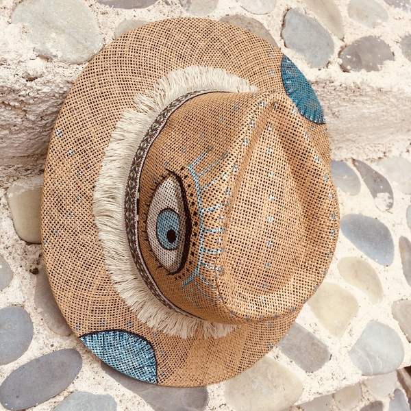 Ψάθινο καπέλο - Light blue - καλοκαιρινό, ζωγραφισμένα στο χέρι, ψάθα, boho, ψάθινα - 2