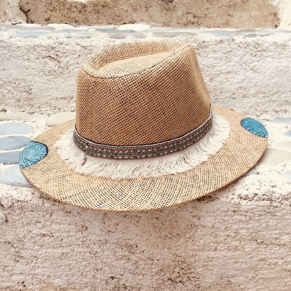 Ψάθινο καπέλο - Light blue - καλοκαιρινό, ζωγραφισμένα στο χέρι, ψάθα, boho, ψάθινα - 4