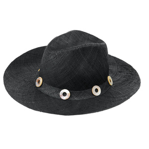Ψάθινο μαύρο καπέλο κύκλους από κοχύλι - γεωμετρικά σχέδια, χειροποίητα, ψάθινα