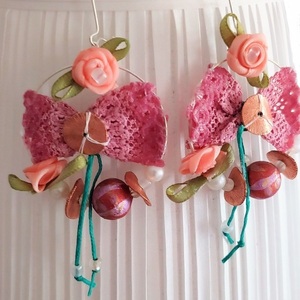Ροζ ανοιξιάτικοι κρίκοι με χαλκό, δαντέλα και χάντρες (σκουλαρίκια) - σύρμα, καθημερινό, λουλούδι, κρεμαστά, faux bijoux - 2