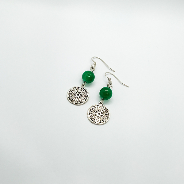 "Green Jasmine Earrings" - Κρεμαστά σκουλαρίκια με μεταλλικά στοιχεία - επάργυρα, φλουρί, πέτρες, μικρά, κρεμαστά, γάντζος - 2