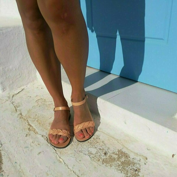 Δερμάτινα γυναικεία σανδάλια. - δέρμα, αρχαιοελληνικό, φλατ, ankle strap - 4