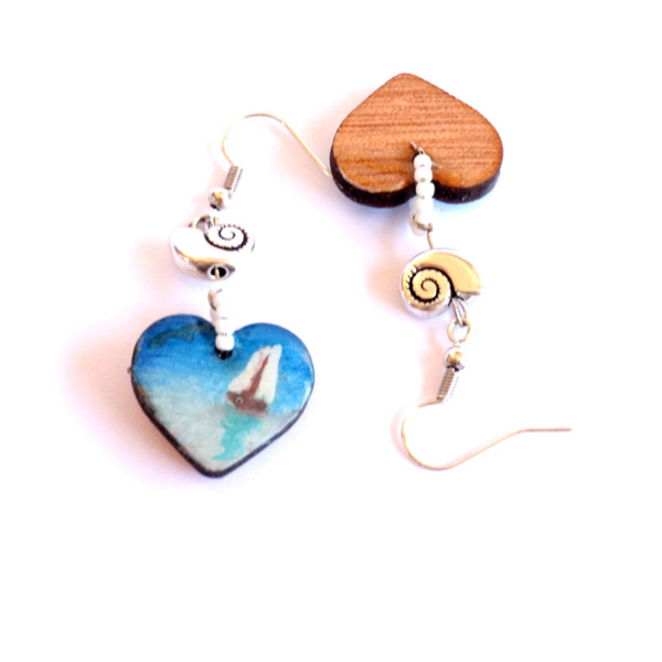 Σκουλαρίκια ξύλινα, καρδιά καραβάκι - ξύλο, ζωγραφισμένα στο χέρι, καρδιά, μικρά, κρεμαστά, φθηνά - 2