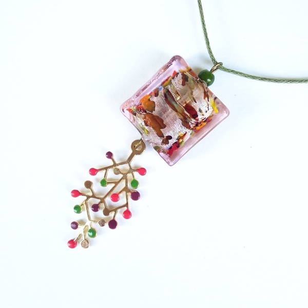 Κολιέ διπλής όψης, ανθισμένο κλαράκι με murano και πράσινο δέσιμο - χειροποίητα, λουλούδι, πρωτότυπα δώρα