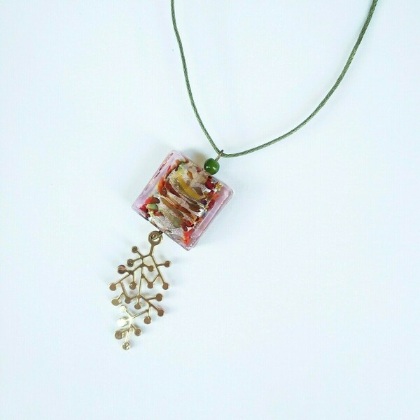 Κολιέ διπλής όψης, ανθισμένο κλαράκι με murano και πράσινο δέσιμο - χειροποίητα, λουλούδι, πρωτότυπα δώρα - 2