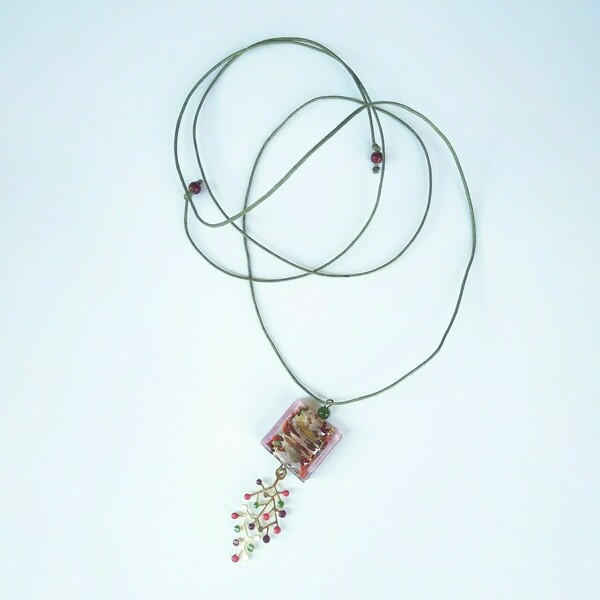 Κολιέ διπλής όψης, ανθισμένο κλαράκι με murano και πράσινο δέσιμο - χειροποίητα, λουλούδι, πρωτότυπα δώρα - 5