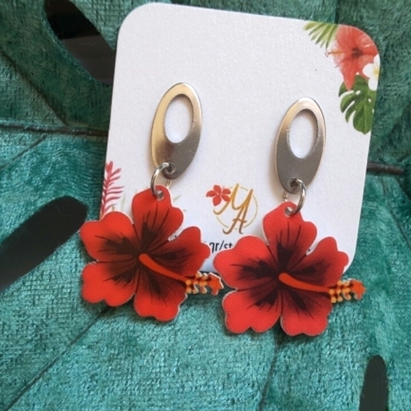 Hibiscus Earrings,Laser cut acrylic earrings, Plexi σκουλαρίκια - λουλούδι, plexi glass, κρεμαστά