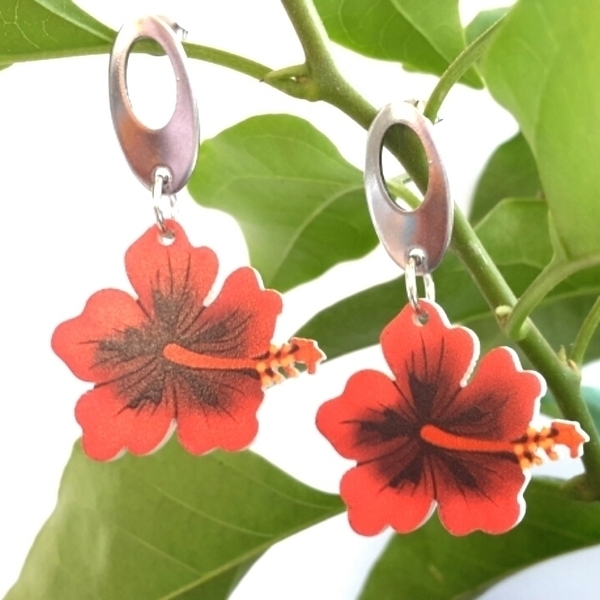 Hibiscus Earrings,Laser cut acrylic earrings, Plexi σκουλαρίκια - λουλούδι, plexi glass, κρεμαστά - 4