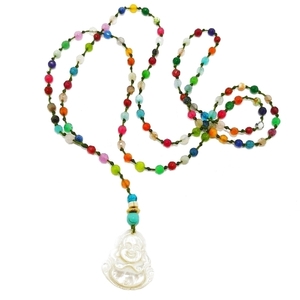White Budha rosary, πολύχρωμο κολιέ / ροζαριο με αχάτη - ημιπολύτιμες πέτρες, μακριά, boho, ροζάριο, ethnic - 2