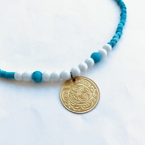 Κολιέ κοντό με Φλουρί Γαλάζιο - χάντρες, κοντά, boho, φλουριά, seed beads - 3