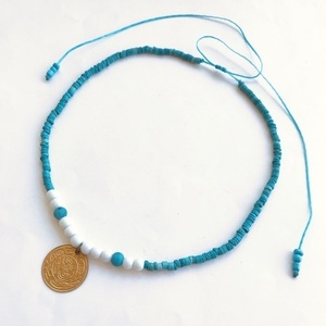Κολιέ κοντό με Φλουρί Γαλάζιο - χάντρες, κοντά, boho, φλουριά, seed beads - 4