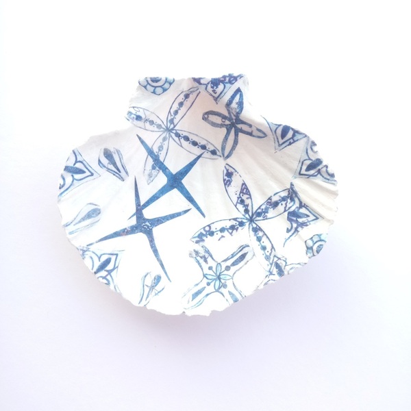 Διακοσμητικό Κοχύλι Πιατάκι με μπλε print για τα Κοσμήματα - κοχύλι, διακόσμηση κήπου, πιατάκια & δίσκοι