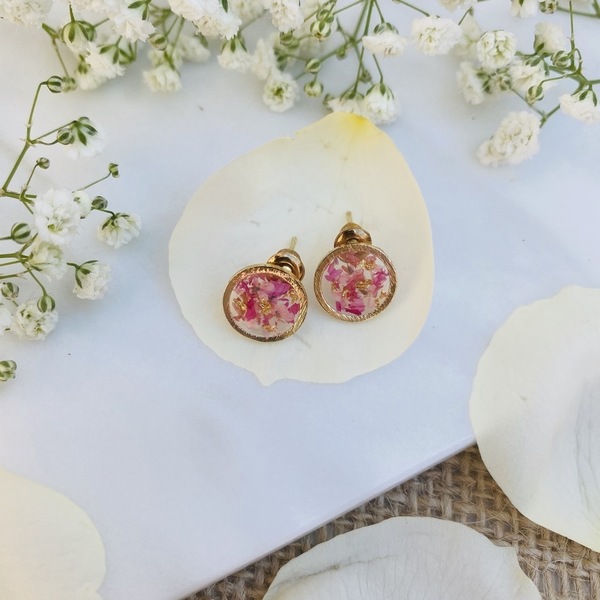 Rose Petals Earrings - Round - επιχρυσωμένα, λουλούδι, καρφωτά, μικρά - 2
