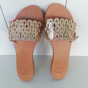 Pink gold peacock sandals - δέρμα, φλατ, slides - 2