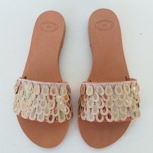 Pink gold peacock sandals - δέρμα, φλατ, slides - 3