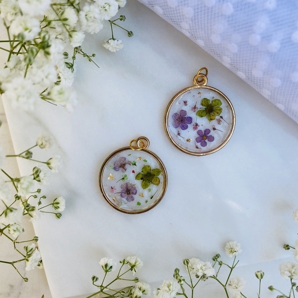 Forget Me Not - Purple/Green - Pressed Flower Necklace - charms, επιχρυσωμένα, μακριά, λουλούδι, μενταγιόν - 3