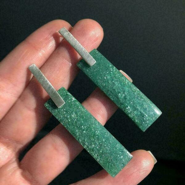 Ασημένια minimal σκουλαρίκια με πράσινη πέτρα Αβεντουρίνη - ασήμι, ημιπολύτιμες πέτρες, boho, κρεμαστά, μεγάλα - 2