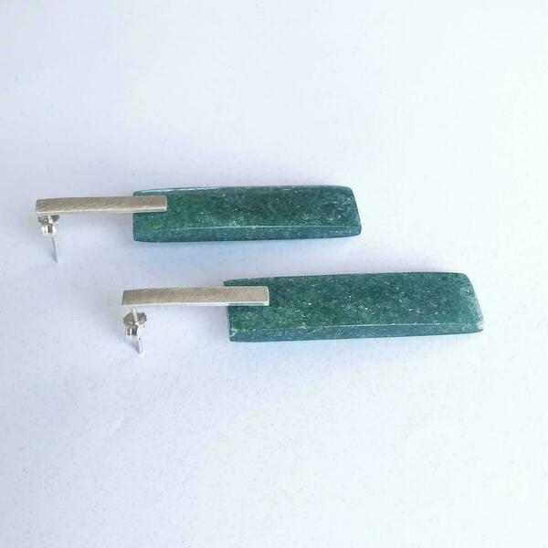Ασημένια minimal σκουλαρίκια με πράσινη πέτρα Αβεντουρίνη - ασήμι, ημιπολύτιμες πέτρες, boho, κρεμαστά, μεγάλα - 3