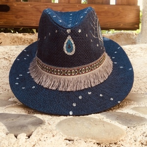Ψάθινο καπέλο - blue pandora - ζωγραφισμένα στο χέρι, ψάθα, boho, καπέλα, ψάθινα - 2