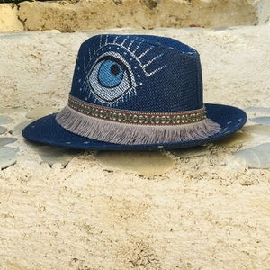 Ψάθινο καπέλο - blue pandora - ζωγραφισμένα στο χέρι, ψάθα, boho, καπέλα, ψάθινα - 3