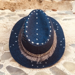 Ψάθινο καπέλο - blue pandora - ζωγραφισμένα στο χέρι, ψάθα, boho, καπέλα, ψάθινα - 4