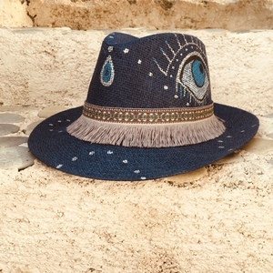 Ψάθινο καπέλο - blue pandora - ζωγραφισμένα στο χέρι, ψάθα, boho, καπέλα, ψάθινα - 5
