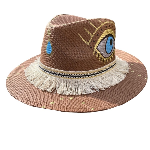 Ψάθινο καπέλο - Brownies - ζωγραφισμένα στο χέρι, ψάθα, απαραίτητα καλοκαιρινά αξεσουάρ, boho, ψάθινα