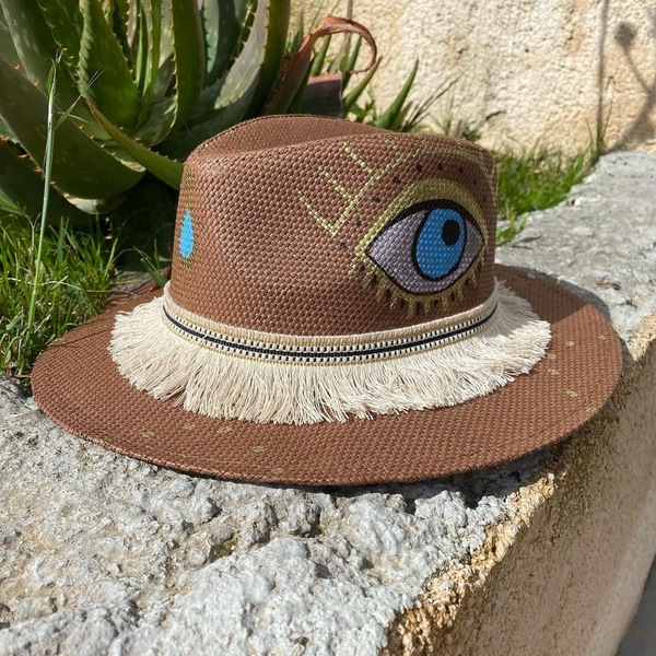 Ψάθινο καπέλο - Brownies - ζωγραφισμένα στο χέρι, ψάθα, απαραίτητα καλοκαιρινά αξεσουάρ, boho, ψάθινα - 4